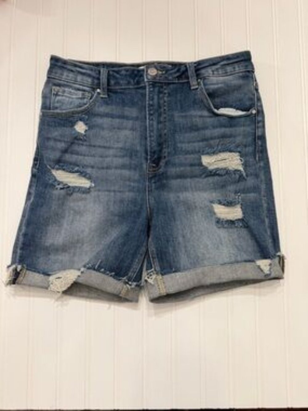 High-Rise Distressed Denim Jean Shorts - Blue Women’s